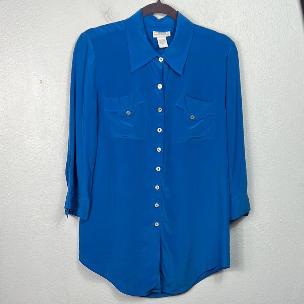 Soft Surroundings Silk Long Sleeve Blue Tunic Blouse Medium